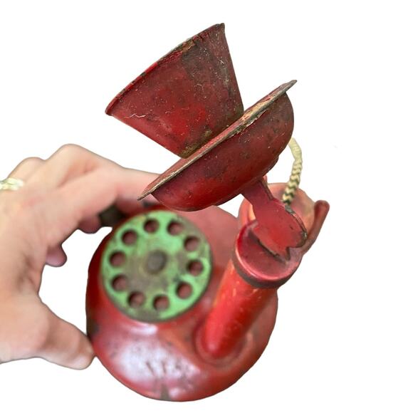 Vintage Tin Candlestick Telephone Toy Child Phone Wood Red Antique READ - Picture 6 of 14